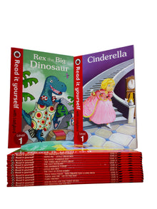 Stack of children's books titled 'Rex the Big Dinosaur' and 'Cinderella' on a wooden surface.