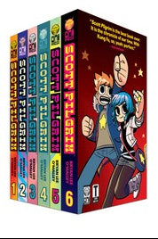 Collection of Scott Pilgrim books with colorful covers and a box set featuring characters.